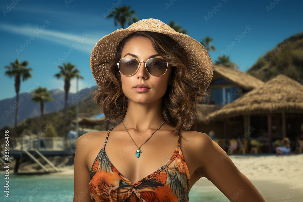 Generative AI image of smiling tourist at the beach enjoying sunny weather near the ocean natural and relaxed lifestyle Generative AI image of smiling tourist at the beach enjoying sunny weather near the ocean natural and relaxed lifestyle