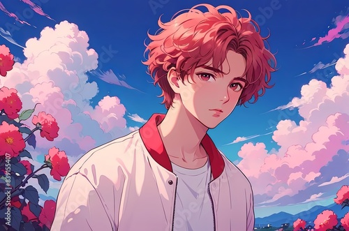Boy with red dyed hairs, clouds, in jacker, Anime style illustration, flat vector illustration, anime background photo
