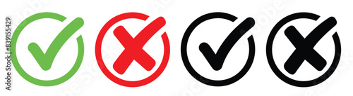 Check mark icon button set. Check box icon with right and wrong buttons and yes or no checkmark icons in green tick box and red cross.
