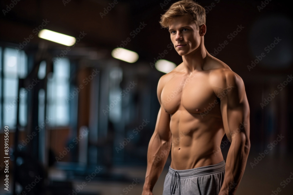 Muscular man posing in gym. Background with selective focus and copy space Muscular man posing in gym. Background with selective focus and copy space