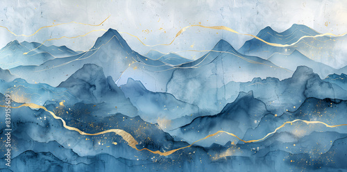 a serene watercolor-style mountain range with blue gradients and golden accents, reflecting a tranquil yet majestic nature scene © Varun