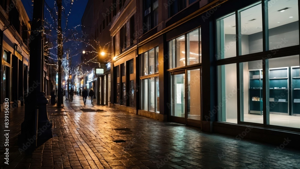 Nighttime urban street with illuminated shop windows and holiday decorations Nighttime urban street with illuminated shop windows and holiday decorations
