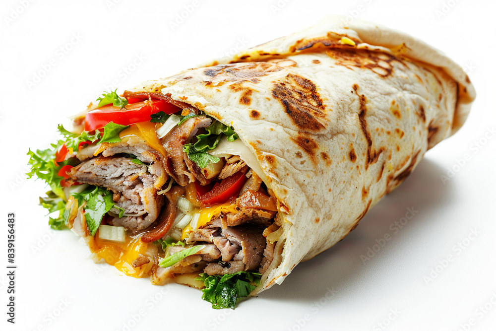 Photo of delicious meat shawarma generated with ai isolated on white color background Photo of delicious meat shawarma generated with ai isolated on white color background
