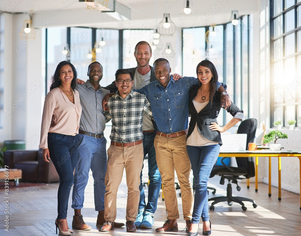 Obraz premium Business people, hug and team in office with portrait for creative collaboration, project development and professional staff. Happiness, group and partnership with diversity and designer workforce.