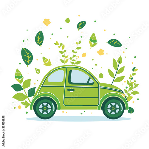 Ecofriendly green car surrounded leaves plants, representing sustainable transportation clean energy. Compact vehicle promotes environmentally conscious choices, green technology, future mobility