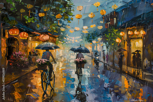 A painting of Hanoi, Vietnam street at night with rain and lights, a man riding a bicycle in the center holding an umbrella, old buildings on both sides, in the style of oil paint, colorful, detailed