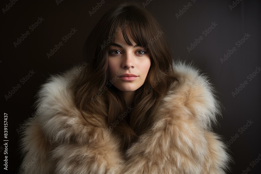 Portrait of a young woman with a captivating gaze, clad in a sumptuous fur jacket Portrait of a young woman with a captivating gaze, clad in a sumptuous fur jacket