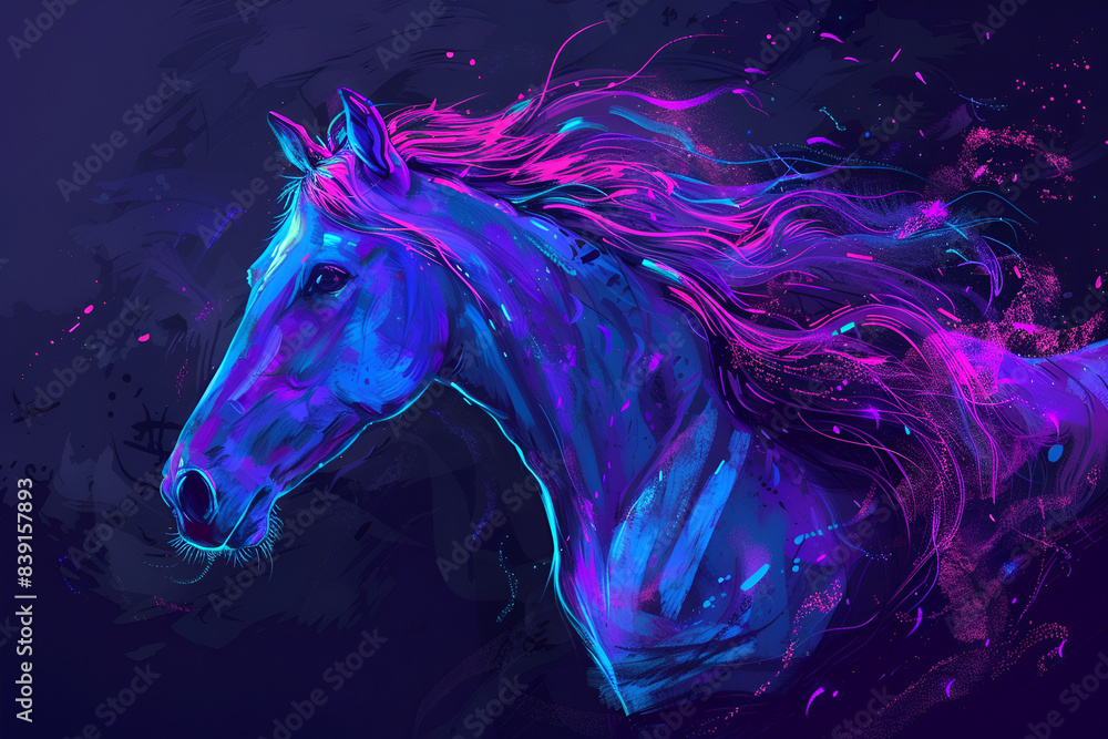 Beautiful colorful horse, in the style of illustration, with brush strokes, bright colors, beautiful background, with paint splashes, dark blue and purple tones