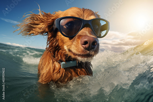 Generative AI photo of funny happy dog domestic animal enjoying summer vacation sea resort outdoors © Tetiana