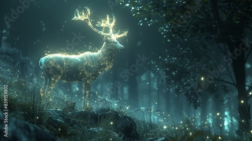 Magical glowing deer in an enchanting forest setting with mystical light illuminating the surroundings, ideal for fantasy and nature themes. photo