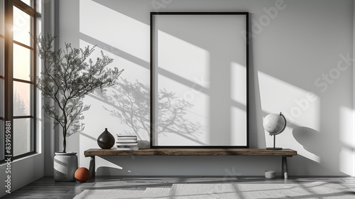 Minimalistic living room interior with blank frame on bench. Sunlight and shadows through large window, creating a serene ambiance.