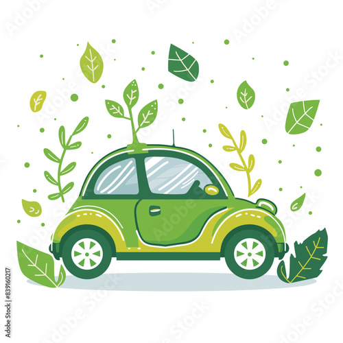 Ecofriendly green car surrounded leaves symbolizing sustainability. Cartoonstyle eco car promotes environmental consciousness. Green automobile concept plant elements represents clean energy