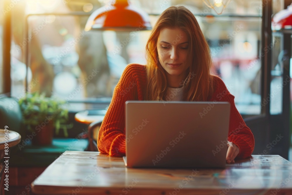 Business woman working on laptop computer, surfing the internet at coffee shop. Business woman working on laptop computer, surfing the internet at coffee shop.