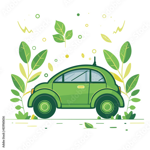 Green ecofriendly car surrounded leaves, symbolizing environmental sustainability. Illustration featuring green car promoting clean energy ecology. Environmentally conscious vehicle design foliage