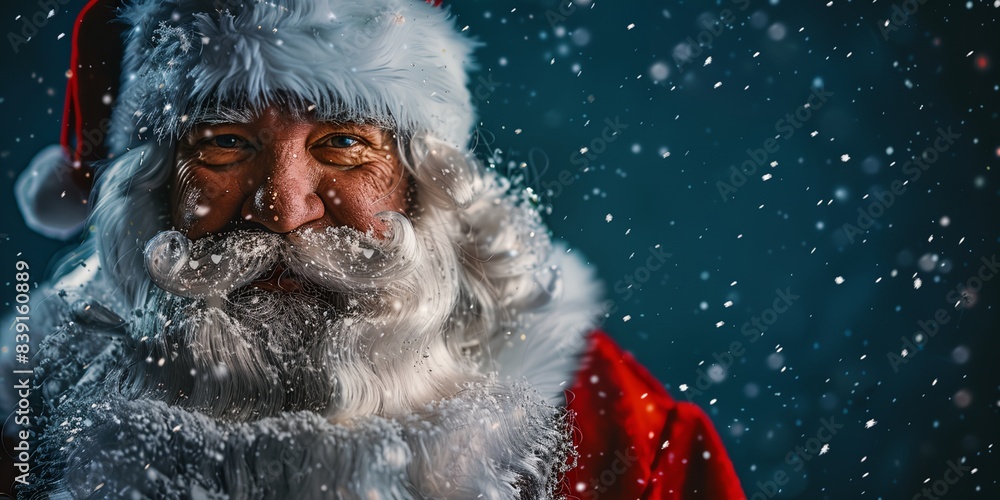 a Santa Claus with a beard and mustache with snow falling all over him and his face a Santa Claus with a beard and mustache with snow falling all over him and his face