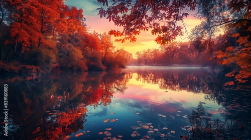 A serene lake surrounded by autumnal trees, their leaves ablaze with the colors of sunset. © ammar