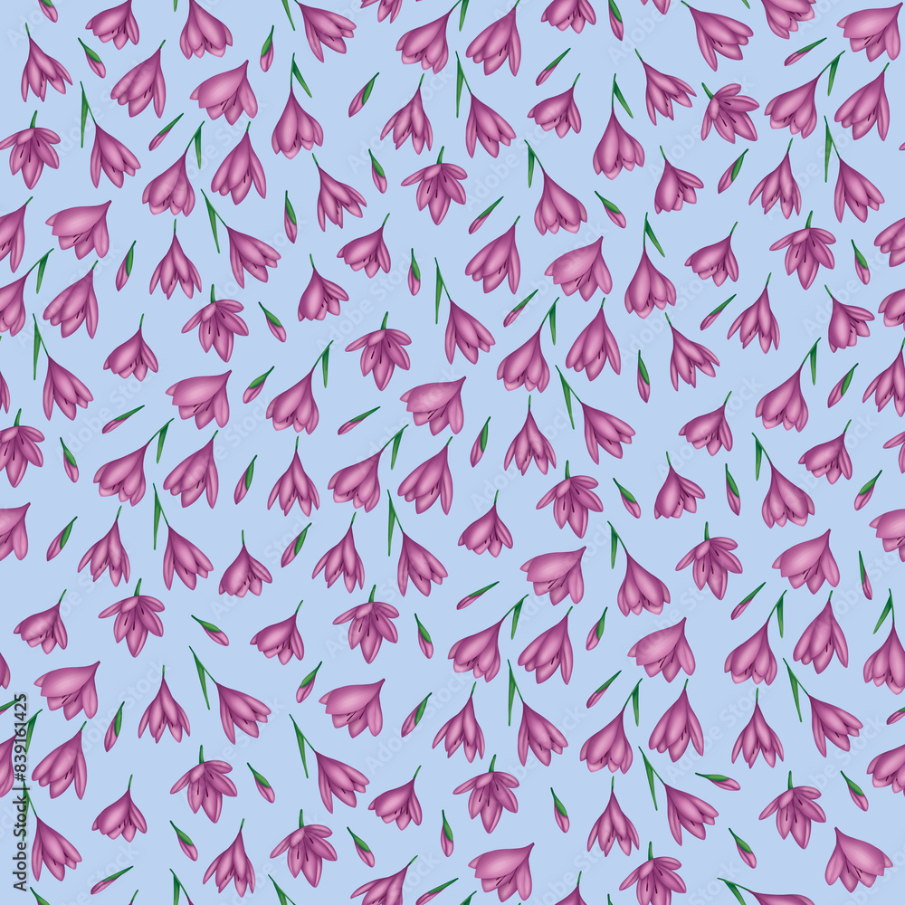 Seamless pattern. Gorgeous crocuses on a blue background Seamless pattern. Gorgeous crocuses on a blue background
