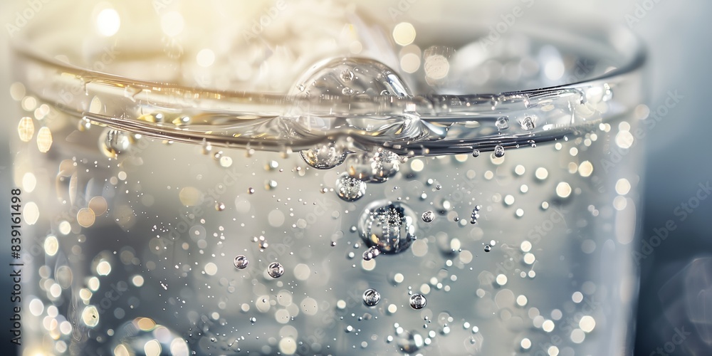 glass of water with bubbles and water drops on it's rims, with a blue background glass of water with bubbles and water drops on it's rims, with a blue background