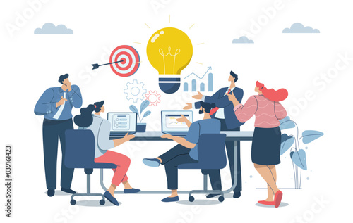 Creative brainstorming, Generating good ideas to reach important goals, Team meeting and setting goals to gather all ideas, Teamwork inspiration, Vector design illustration.