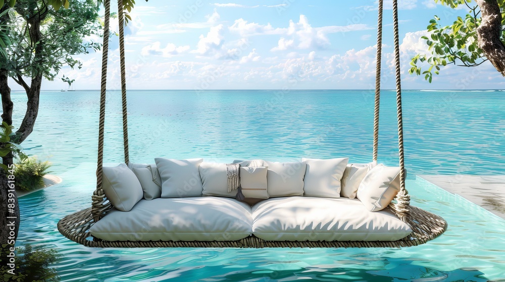 Fototapeta premium Tranquil Outdoor Setting: Elegant Swing Sofa Overlooking Pool Waters on a Serene Beach