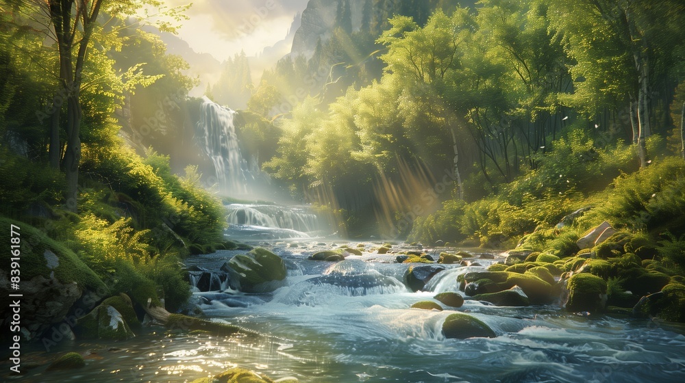 A serene mountain stream winding through a lush forest, sunlight dappling the water's surface. A serene mountain stream winding through a lush forest, sunlight dappling the water's surface.