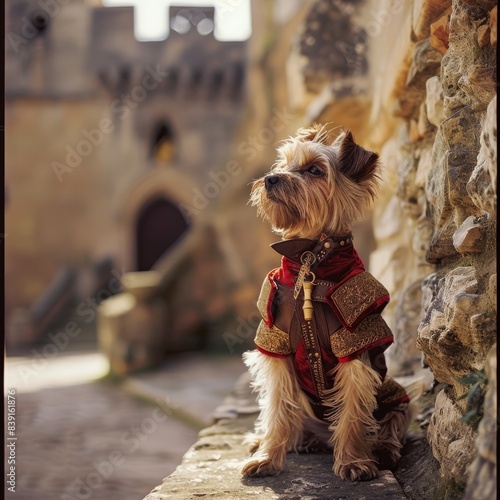 Yorkie Yeoman: Small Yorkie in a medieval knight costume, standing guard in a castle courtyard.  photo