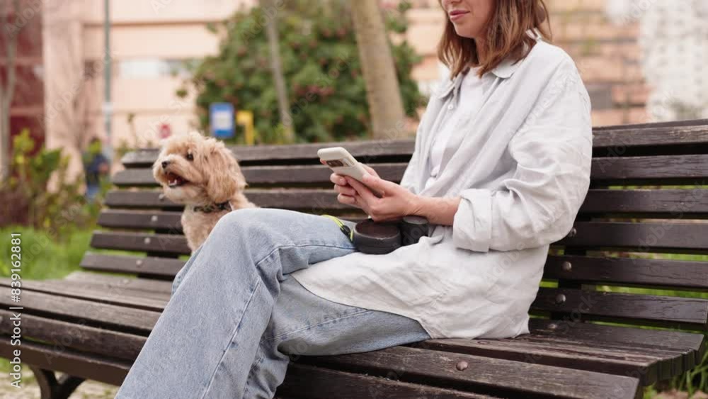 A fluffy maltipoo dog sits patiently on a bench next to its female owner, who is focused on her smartphone. A fluffy maltipoo dog sits patiently on a bench next to its female owner, who is focused on her smartphone.
