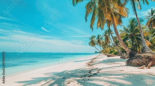 Fototapeta Naklejka Na Ścianę i Meble -  Tropical Paradise: Stunning White Sand Beach with Coconut Palms, Perfect Travel Getaway Scene