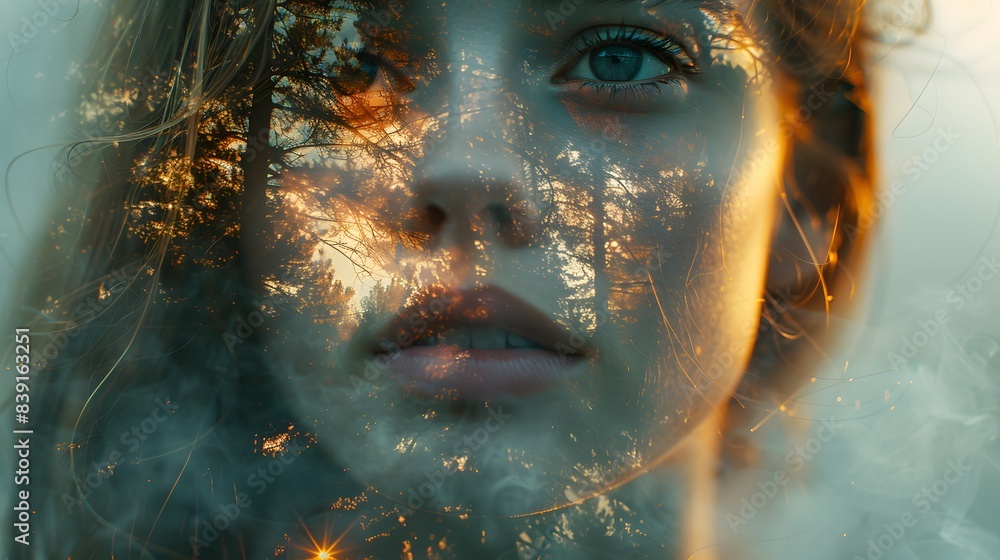 Close-up double exposure picture juxtaposing the serene visage of a young adult female with the awe-inspiring beauty of the natural world illuminated by the soft light of dawn or dusk, Generative AI