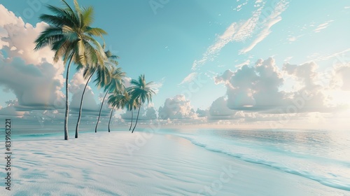 Fototapeta Naklejka Na Ścianę i Meble -  Tropical Paradise: Stunning White Sand Beach with Coconut Palms, Perfect Travel Getaway Scene