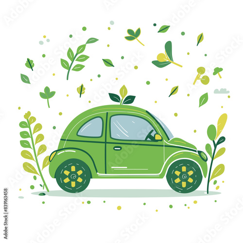 Green ecofriendly car surrounded leaves plants, symbolizing environmentally conscious transportation, vehicle concept nature, promoting green energy sustainability. Eco car
