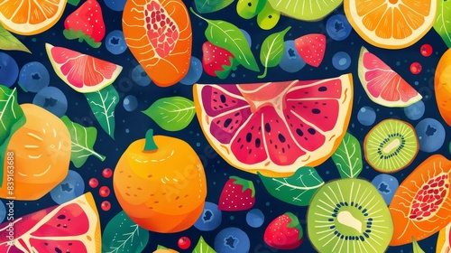 Colorful fruit illustration background, cheerful and detailed design. Perfect for food and summer-themed visuals