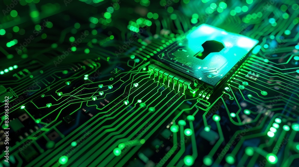 Digital lock shield green light futuristic circuit board selective focus vibrant double exposure tech security Digital lock shield green light futuristic circuit board selective focus vibrant double exposure tech security