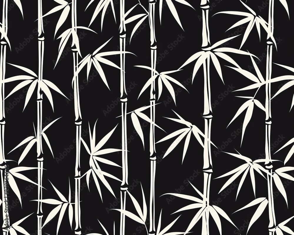 Seamless bamboo pattern on a black background, featuring white bamboo stalks and leaves in a minimalist and elegant design. Seamless bamboo pattern on a black background, featuring white bamboo stalks and leaves in a minimalist and elegant design.