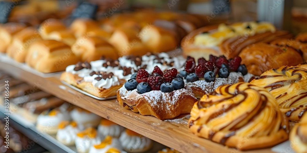 Pastries on a bakery shelf. Concept Bakery Display, Fresh Pastries, Delicious Treats, Sweet Temptations, Yummy Baked Goods