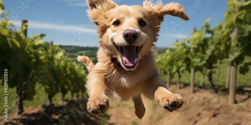 Joyful dog leaping in the background. Concept Dog Photography, Leaping Pets, Outdoor Fun, Active Animals