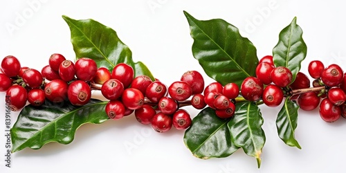 Red coffee beans and berries on a branch of a coffee tree ripe and unripe isolated on a white background  Generative AI