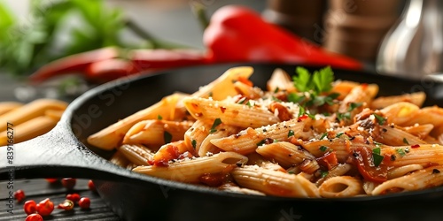 Colorful still life with cast iron skillet penne arrabbiata red pepper. Concept Food Photography, Colorful Still Life, Cast Iron Skillet, Penne Arrabbiata, Red Pepper photo