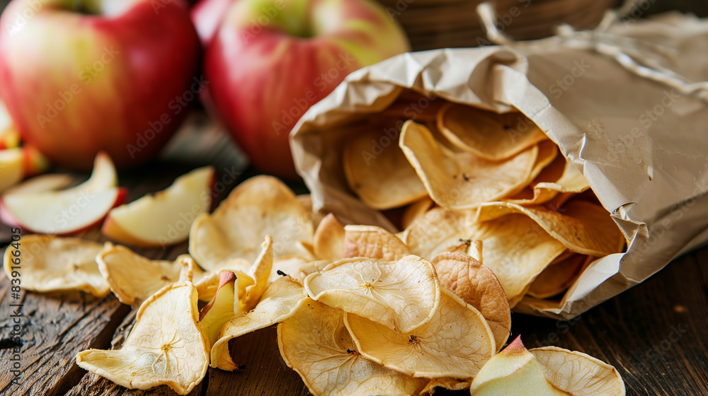 A paper bag with apple chips spilled on the table close-up against a background of whole fresh apples. Natural product.