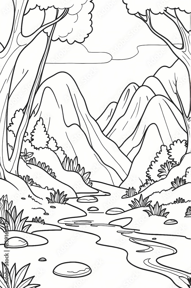 Mountains, trees scene Kids coloring page, black and white Mountains, trees scene Kids coloring page, black and white