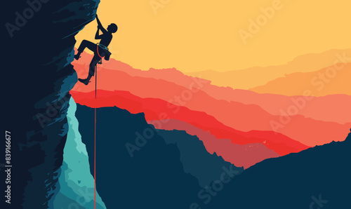 Silhouetted climber ascending steep cliff during sunset. Rock climbing adventure against backdrop orange yellow sky. Extreme sports enthusiast tackles rugged mountain terrain dusk