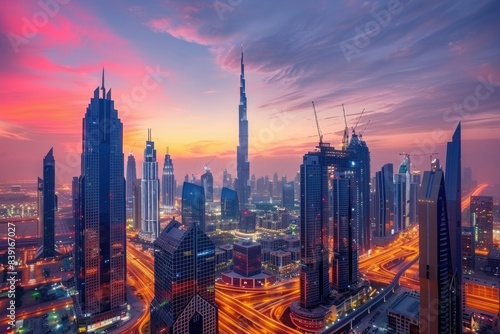 Dubai skyline at sunset with city lights and traffic.