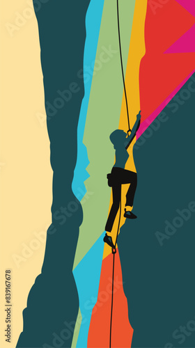 Climber scales colorful rock face, vibrant abstract adventure theme. Silhouette rappelling, engaging extreme sports. Creative rock climbing design using bold geometric shapes, contrasting colors