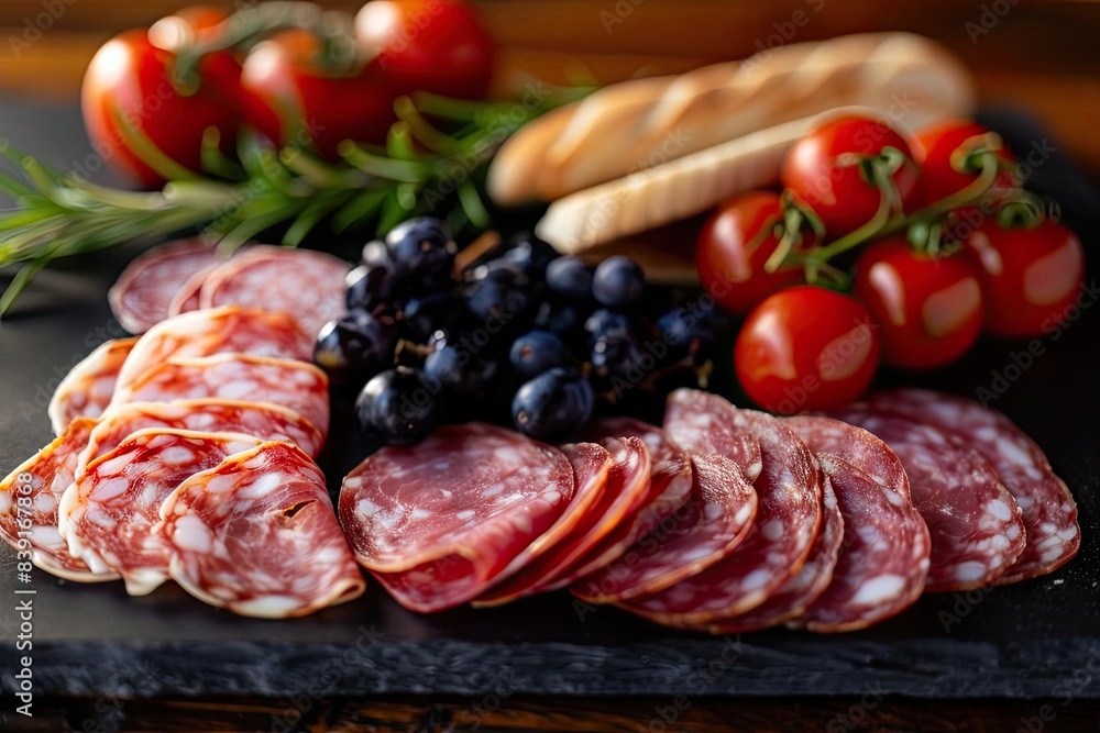 Delicious charcuterie board with assorted cured meats, fresh grapes, cherry tomatoes, breadsticks, and herbs on a dark rustic background. Delicious charcuterie board with assorted cured meats, fresh grapes, cherry tomatoes, breadsticks, and herbs on a dark rustic background.