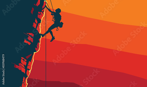 Silhouetted climbers ascending steep cliff, adventure extreme sport sunset background. Two people rock climbing against dramatic orange sky, teamwork silhouette. Climbers use rope scale jagged