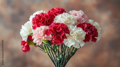 A bunch of red and white carnations tied with a ribbon