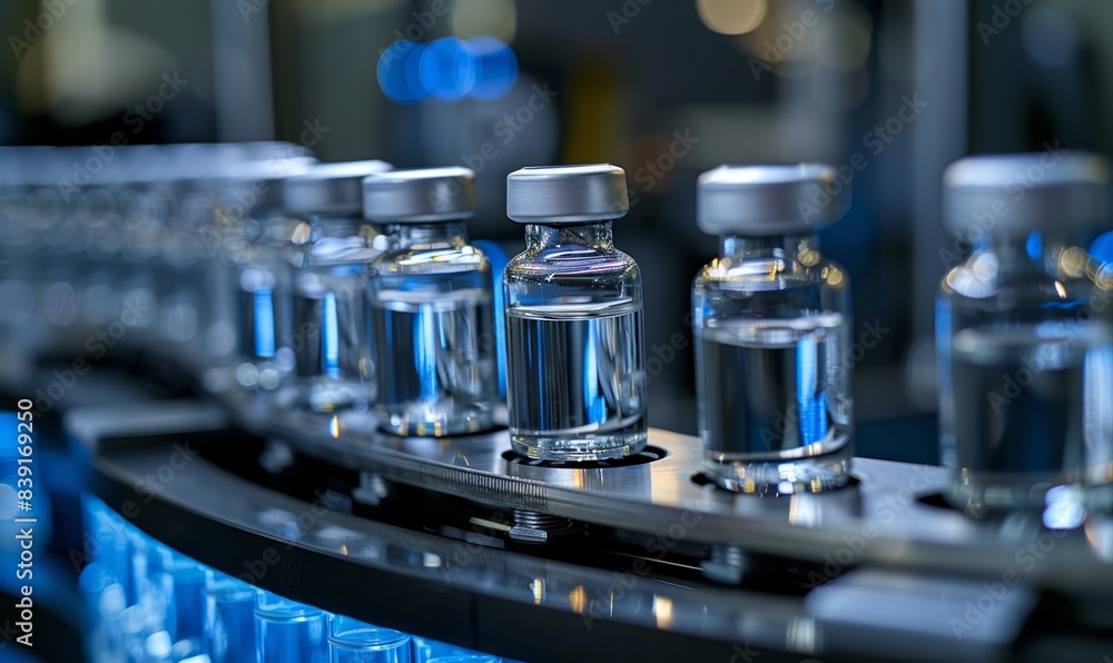 Close up Medical vials on production line at pharmaceutical factory, Pharmaceutical machine working pharmaceutical glass bottles production line Close up Medical vials on production line at pharmaceutical factory, Pharmaceutical machine working pharmaceutical glass bottles production line