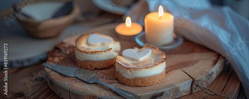 Wallpaper Mural Cozy romantic setting with heart-shaped cheesecakes and candles on a wooden table, creating a warm ambiance. Torontodigital.ca