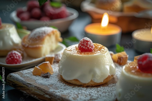 Delicious dessert panna cotta topped with fresh raspberries, served on a wooden board, accompanied by candles and pastries.