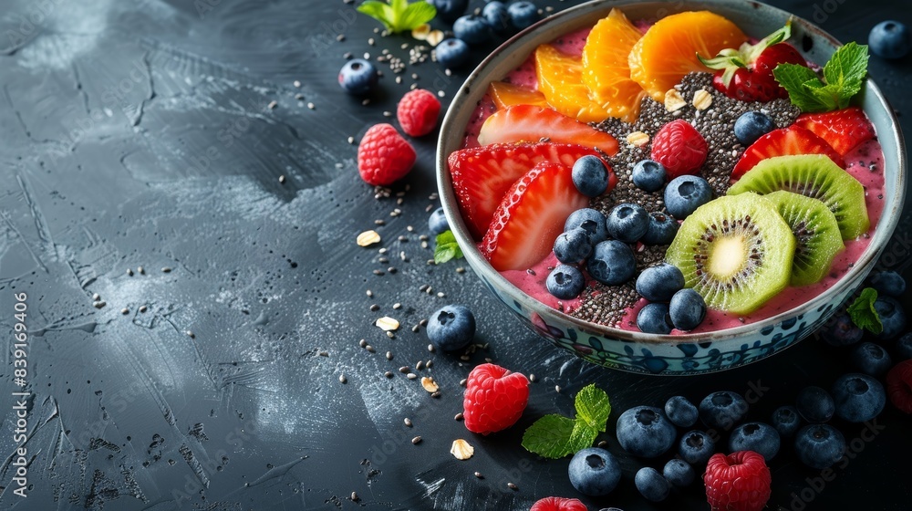 Freshly made smoothie bowl with organic fruits and seeds, showcasing a healthy diet, with copy space Freshly made smoothie bowl with organic fruits and seeds, showcasing a healthy diet, with copy space
